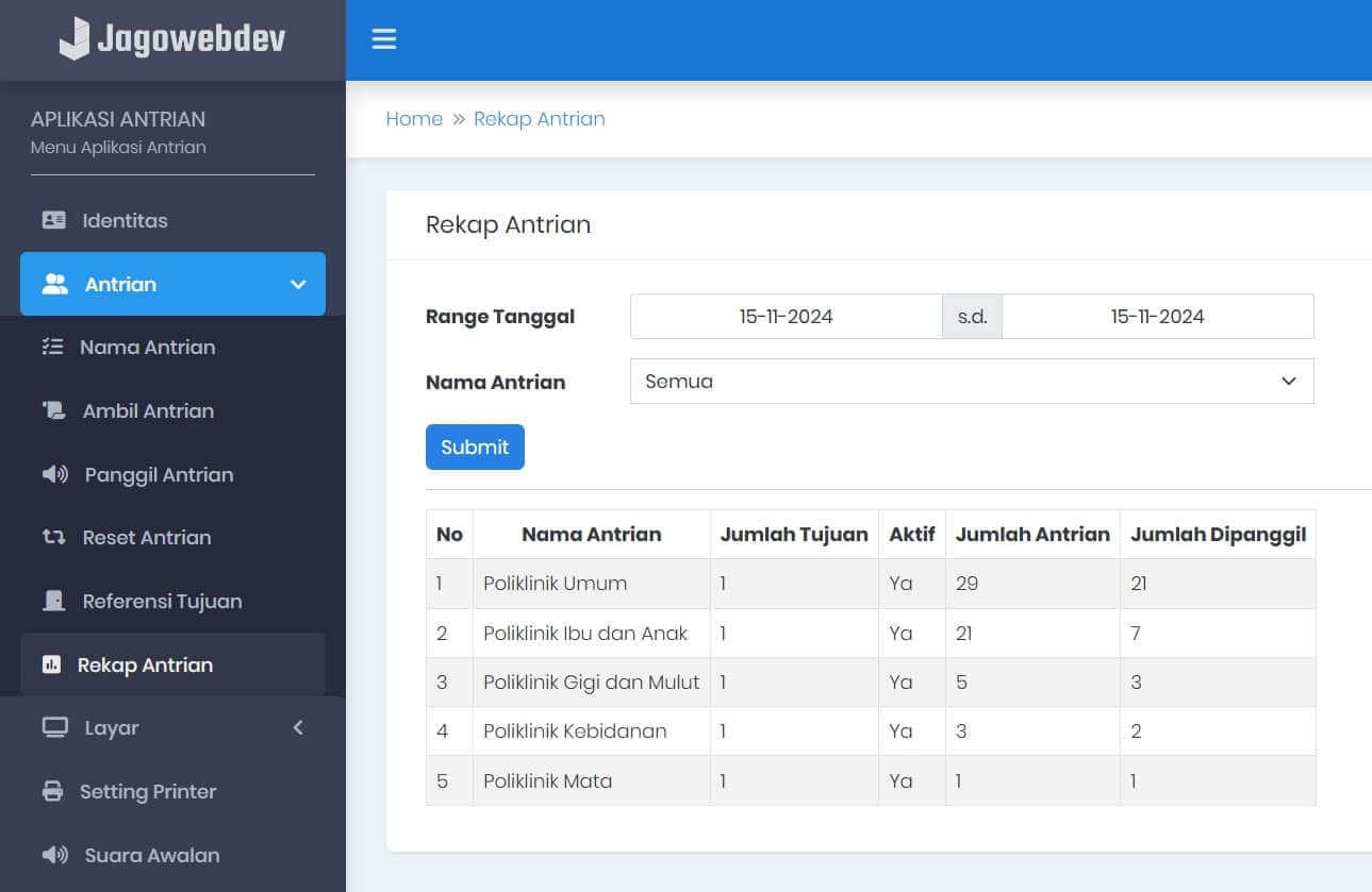 Menu Rekap Antrian
